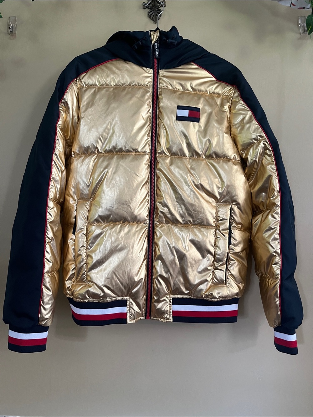 New with tags,Tommy Hilfiger Gold and Black Hooded Quilted Puffer Jacket